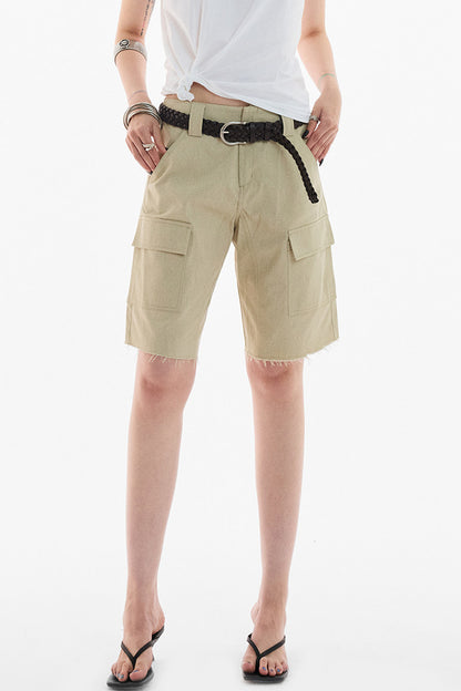 Khaki Workwear Straight-Leg Frayed Hem Pants