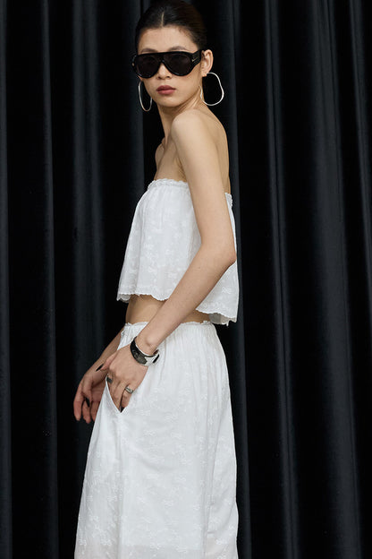 White Cotton Hollow Embroidery Top And Pants Set-Up