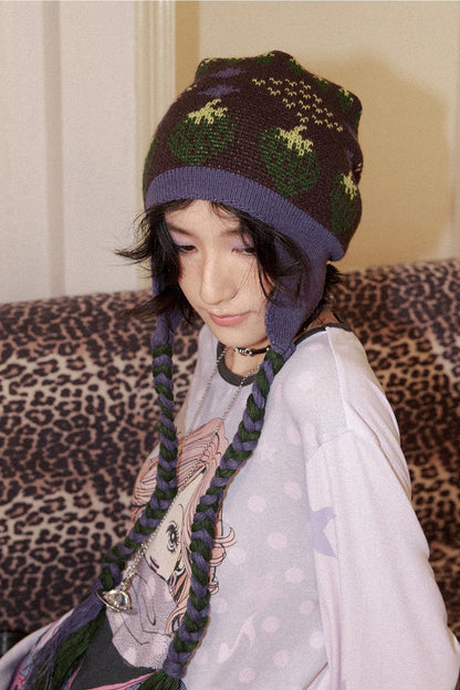 Strawberry Knitted Ear Flap Hat With Tassels