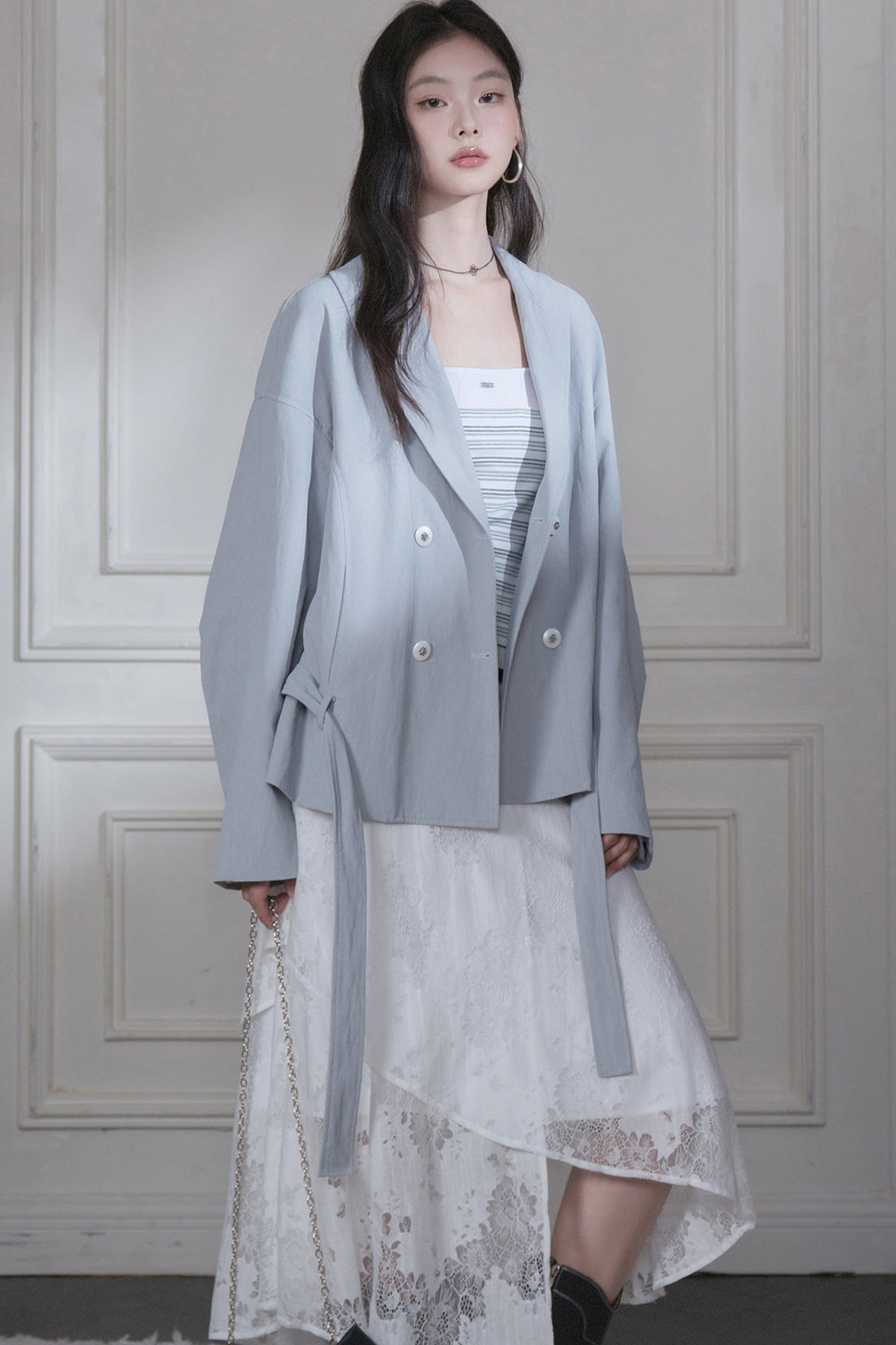 Cuban Gray-Blue Shawl Collar Belted Blazer