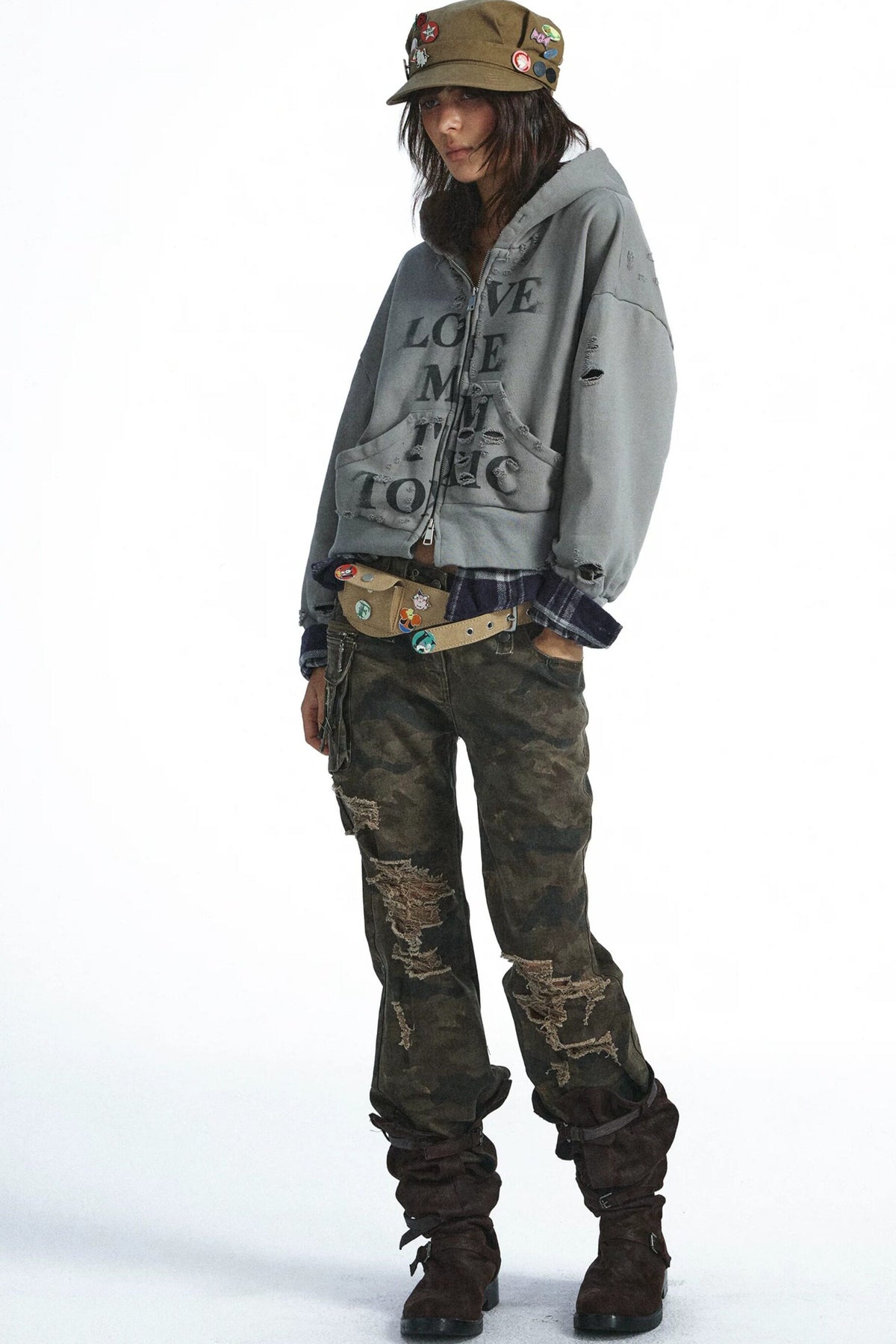 Camouflage Patchwork Multi-Pocket Flared Jeans