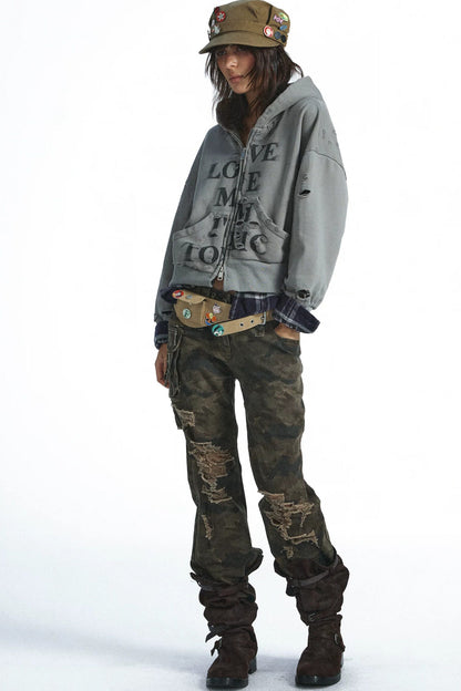 Camouflage Patchwork Multi-Pocket Flared Jeans
