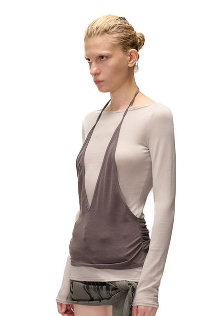 Lyocell Halter Neck Layered-Look T-Shirt