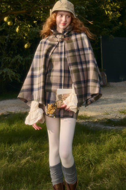 Detachable Plaid Cape Vest And A-Line Skirt Set-Up