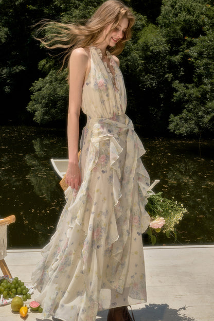 Floral Ruffle Sleeveless V-Neck Dress