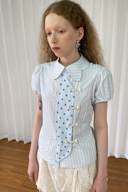 Blue Plaid Polka Dot Puff Sleeve Blouse