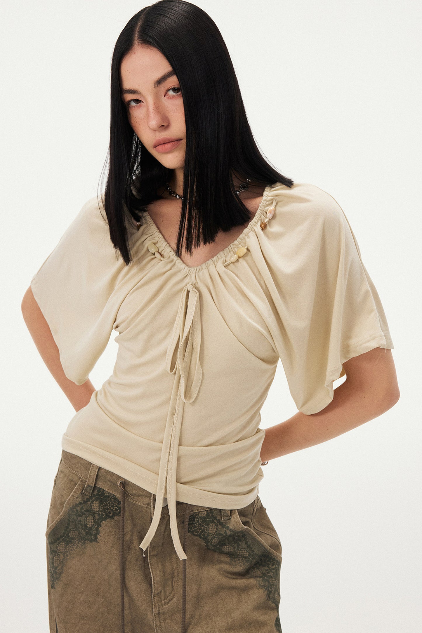 Beaded V Neck Batwing Blouse