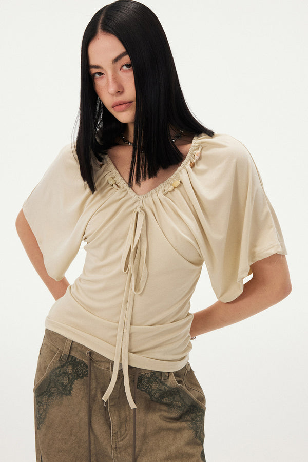 Beaded V Neck Batwing Blouse