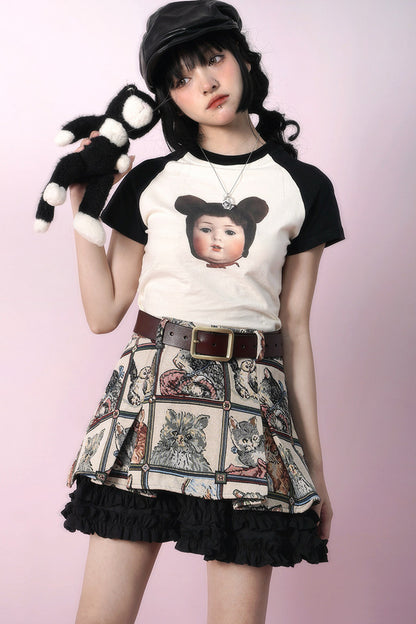 Bear Doll Print Patchwork T-shirt