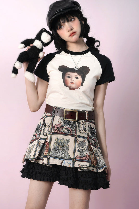 Bear Doll Print Patchwork T-shirt