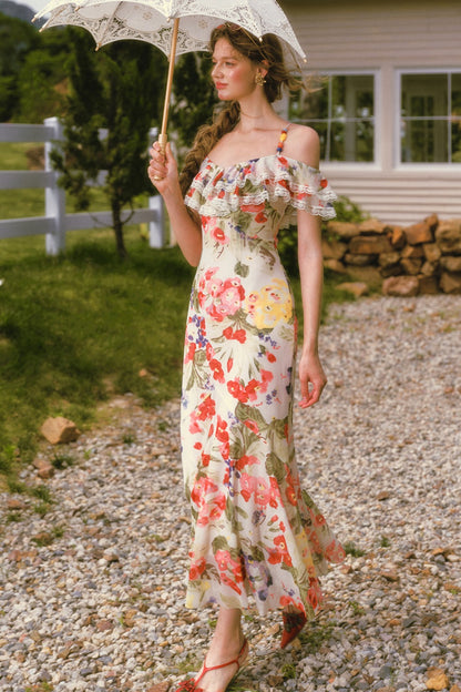 Floral Ruffled Elastic Mesh Long Dress