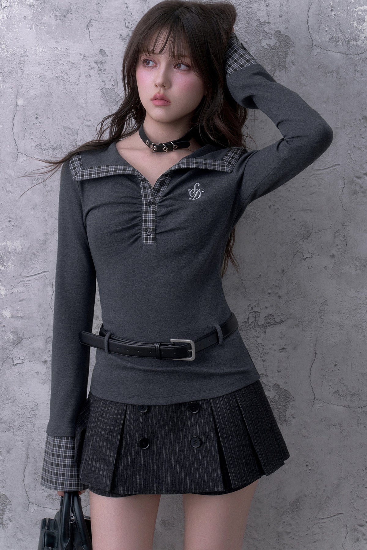 Gray Large Lapel Ruched Patchwork Top