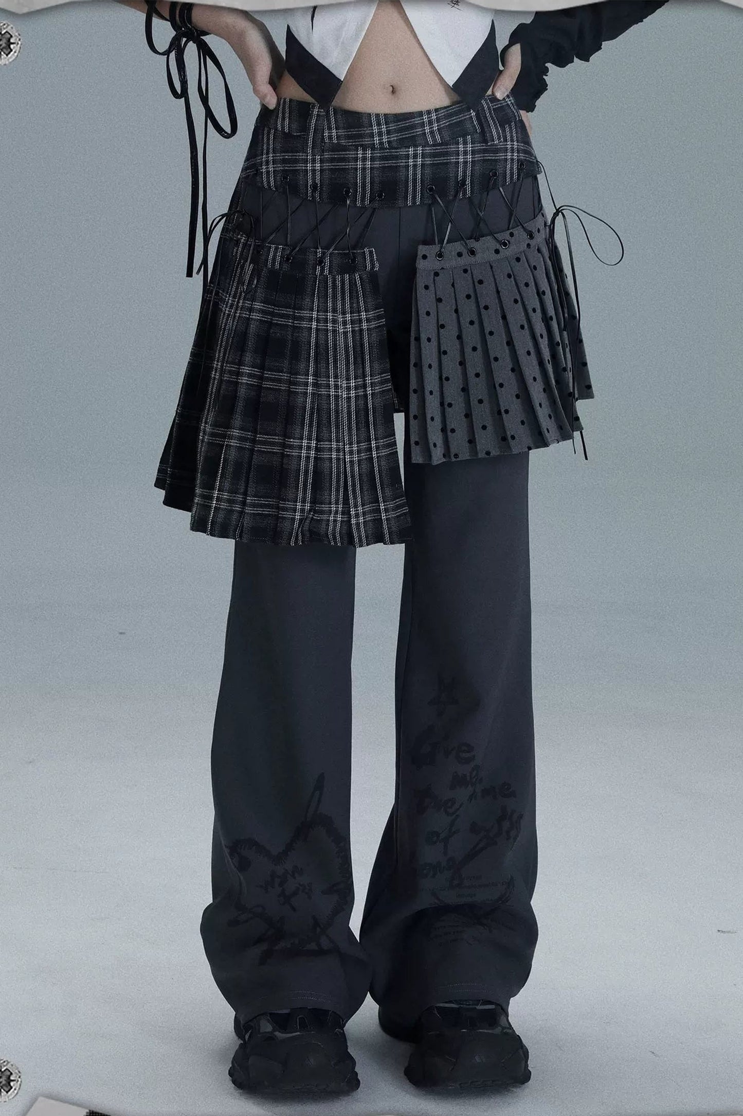 Layered Plaid Skirt Pants