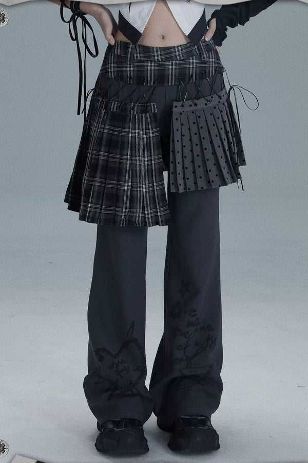Layered Plaid Skirt Pants