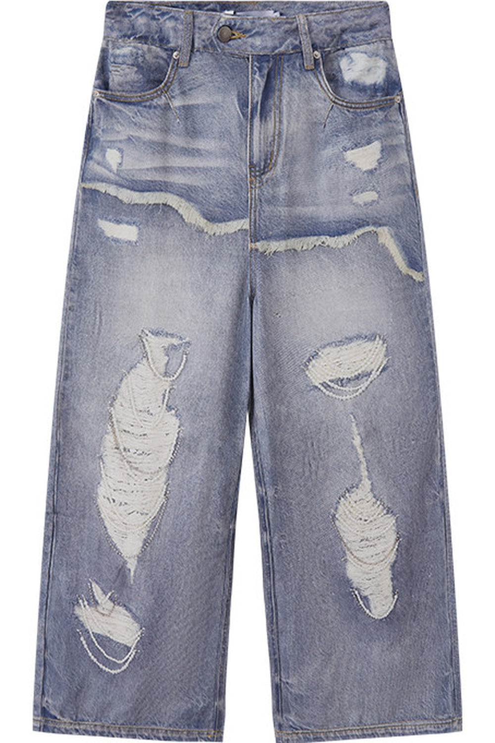 Jeans a gamba larga con stampa effetto strappato e look a strati
