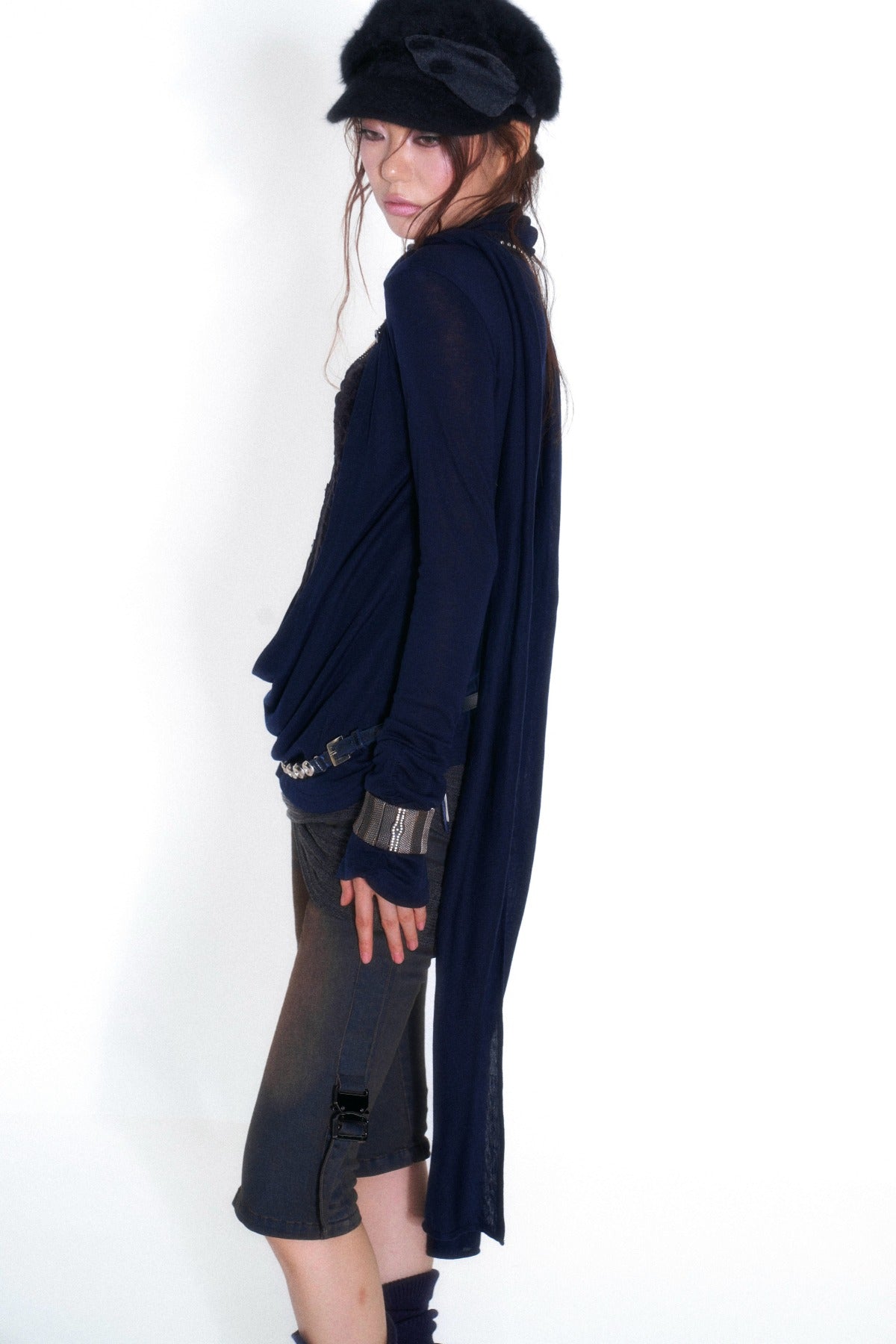 Cross-Neck Tencel Knit Mesh Spliced Long-Sleeved Top