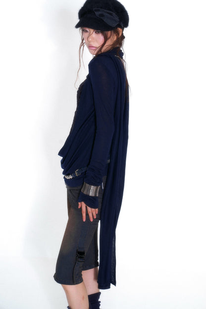 Cross-Neck Tencel Knit Mesh Spliced Long-Sleeved Top
