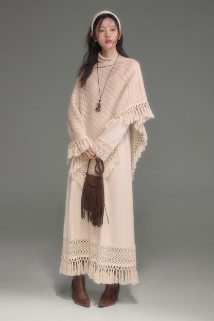 Tassel Knit Cape and Dress Set-Up