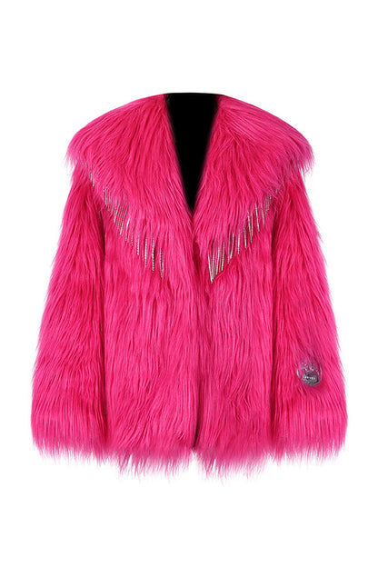 Pink Rhinestone Fringe Fur Jacket