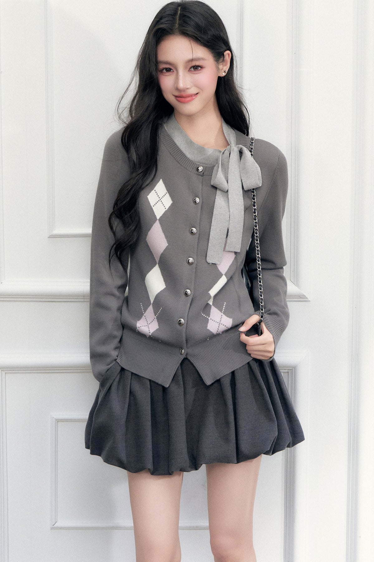 Gray Argyle Bow Tie Sweater and Skirt Set-Up