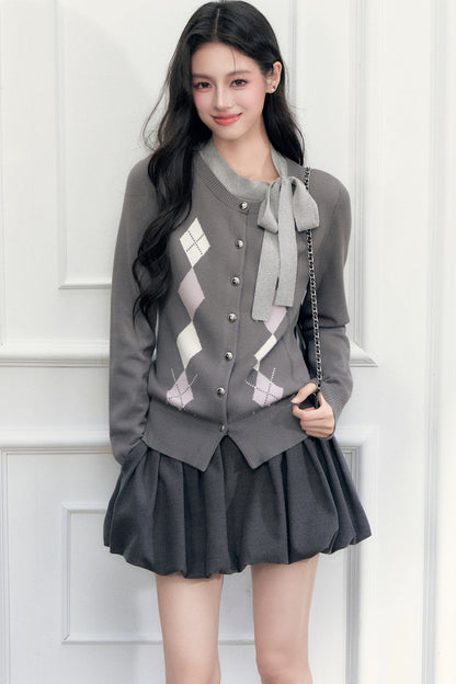 Gray Argyle Bow Tie Sweater and Skirt Set-Up