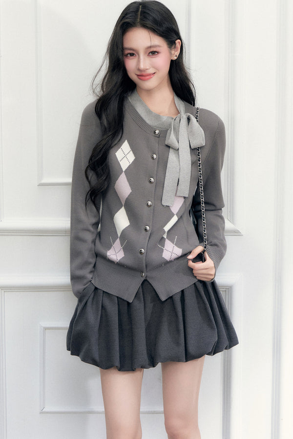 Gray Argyle Bow Tie Sweater and Skirt Set-Up