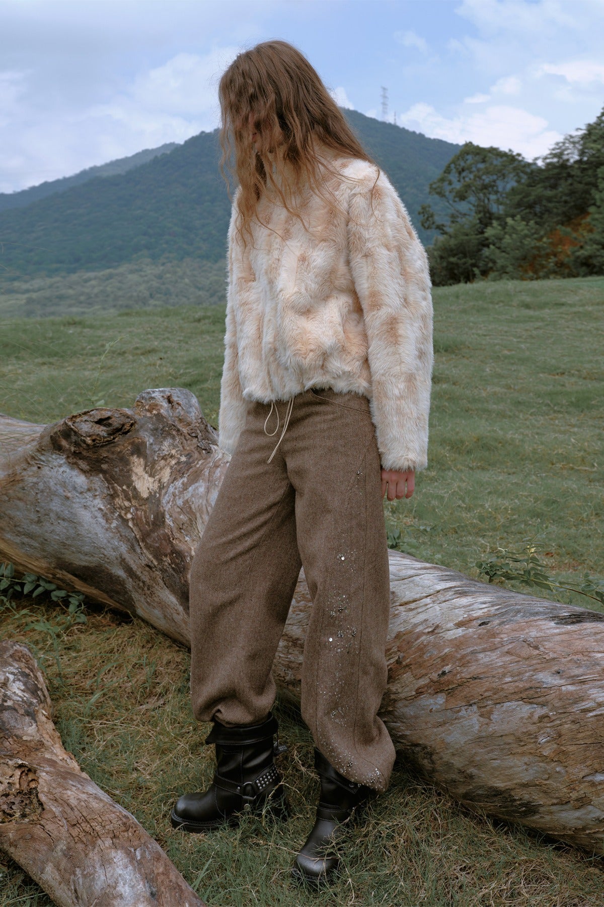High-Waisted Loose Beaded Patchwork Wool Tweed Pants