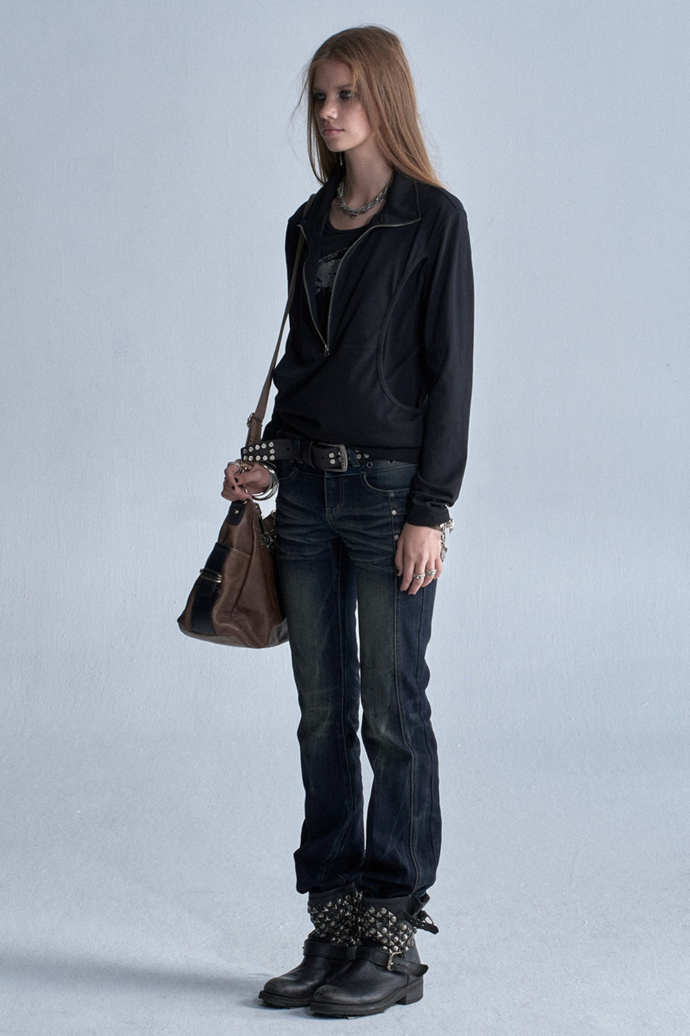 Black Long-Sleeve Zipper Print T-Shirt