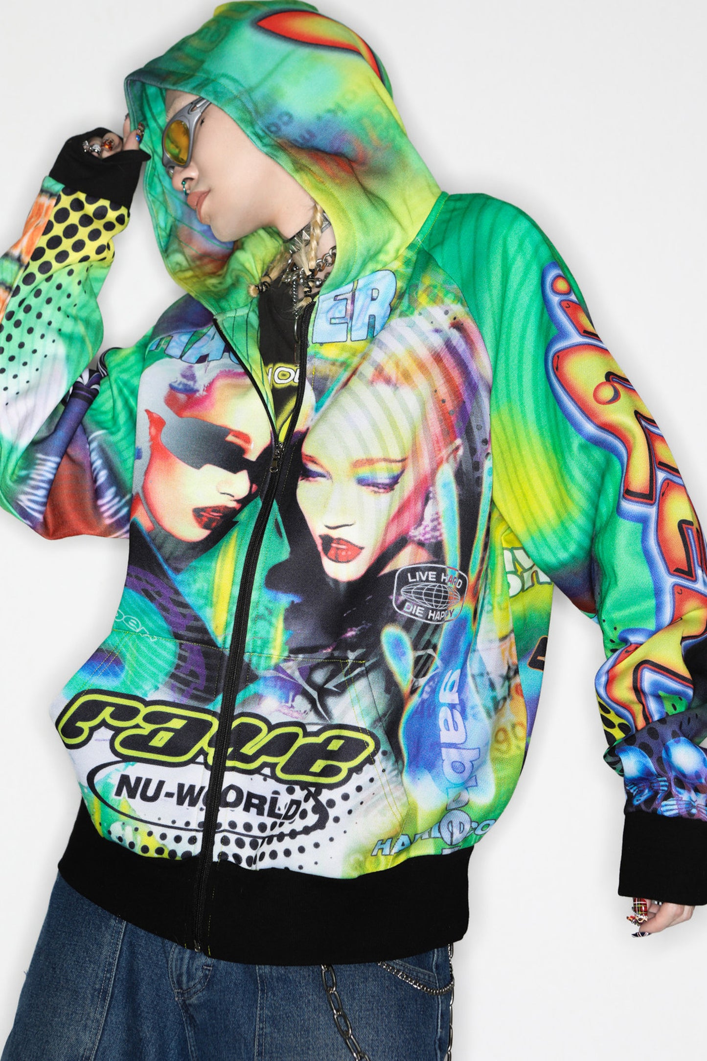 Y2K Alien Rave Print Hooded Jacket