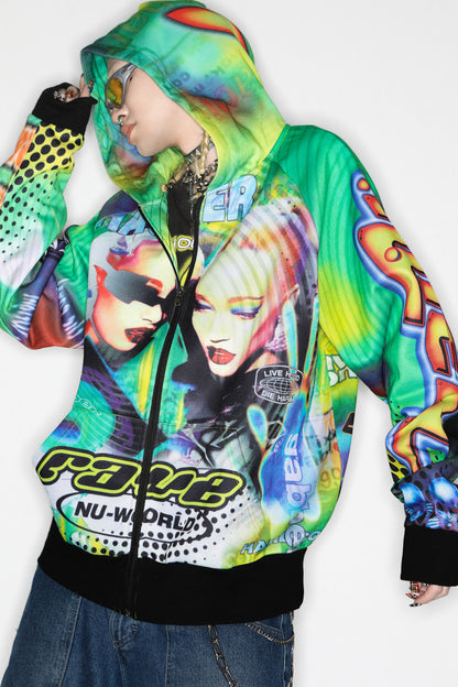 Y2K Alien Rave Print Hooded Jacket