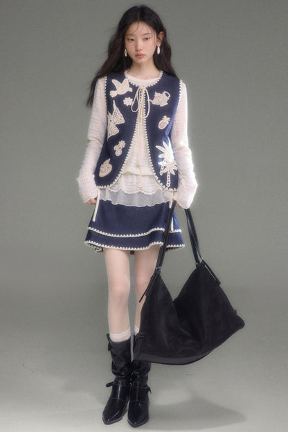 Plaid Lace Long Sleeve T-Shirt Skirt Set-Up