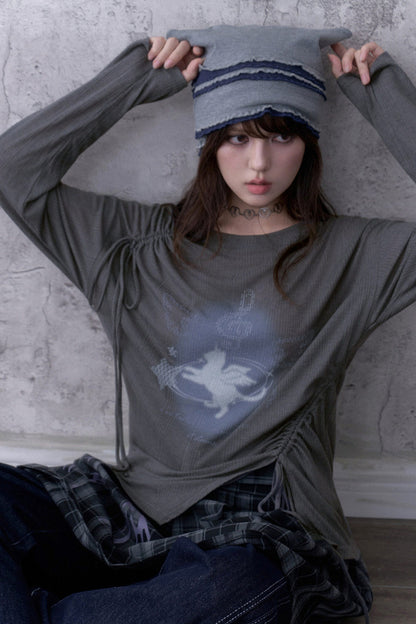 Gray Unicorn Drawstring Irregular T-shirt