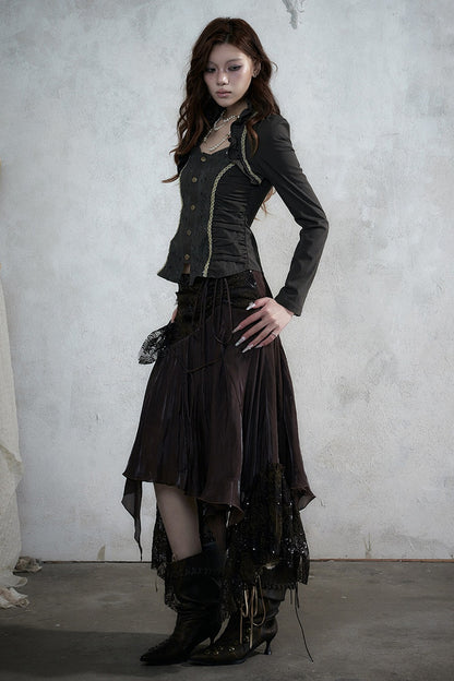 Lace Patchwork Ruched Layered-Look Shirt