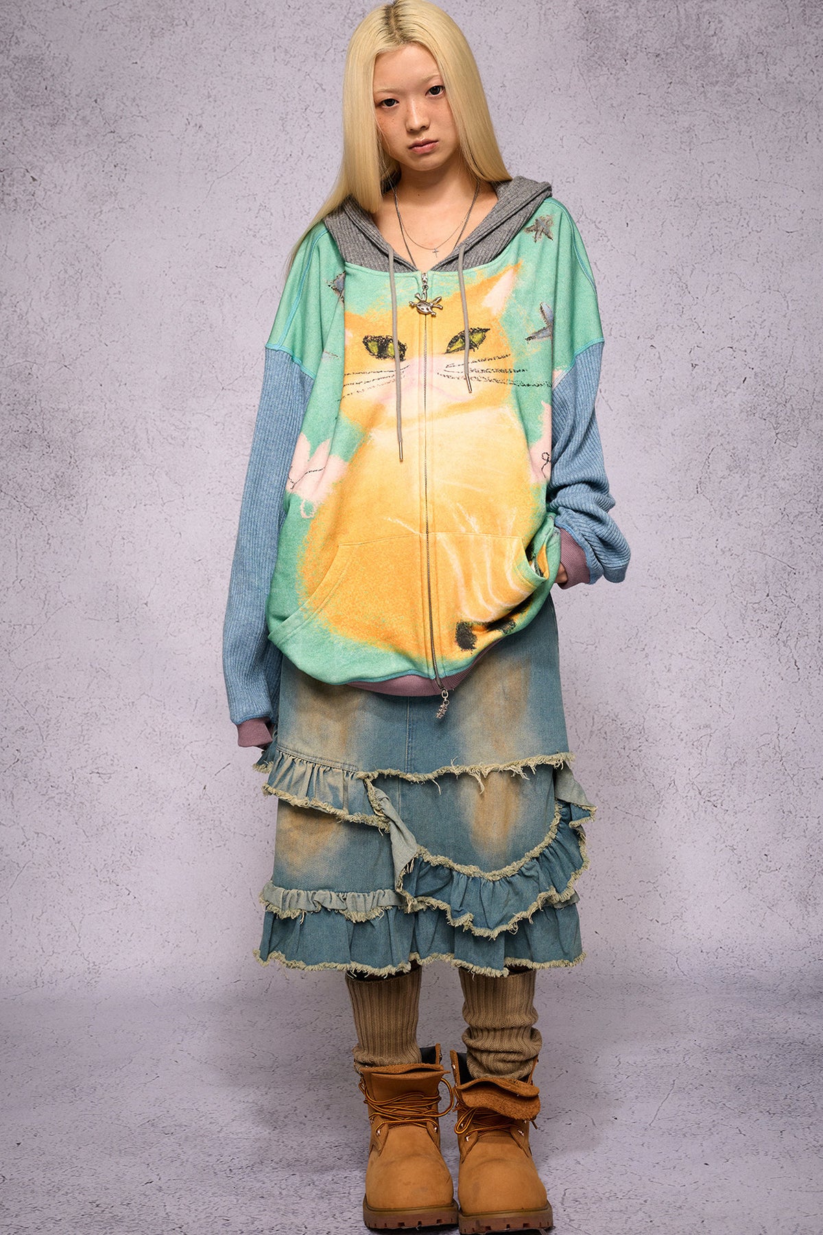 Cat Print Patchwork Sweatshirt Jacket
