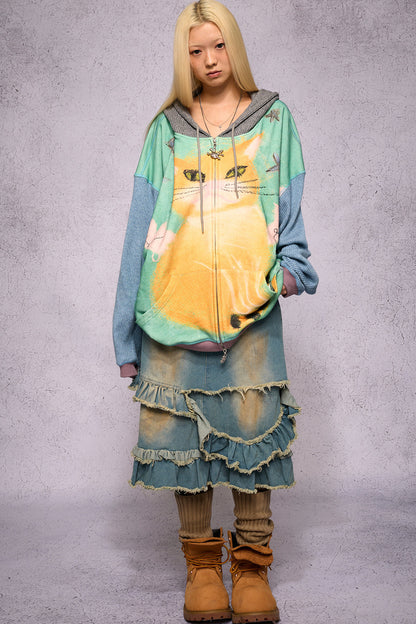 Cat Print Patchwork Sweatshirt Jacket