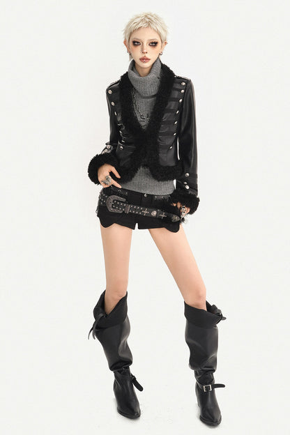 Black Leather Buttoned Fur Collar Jacket