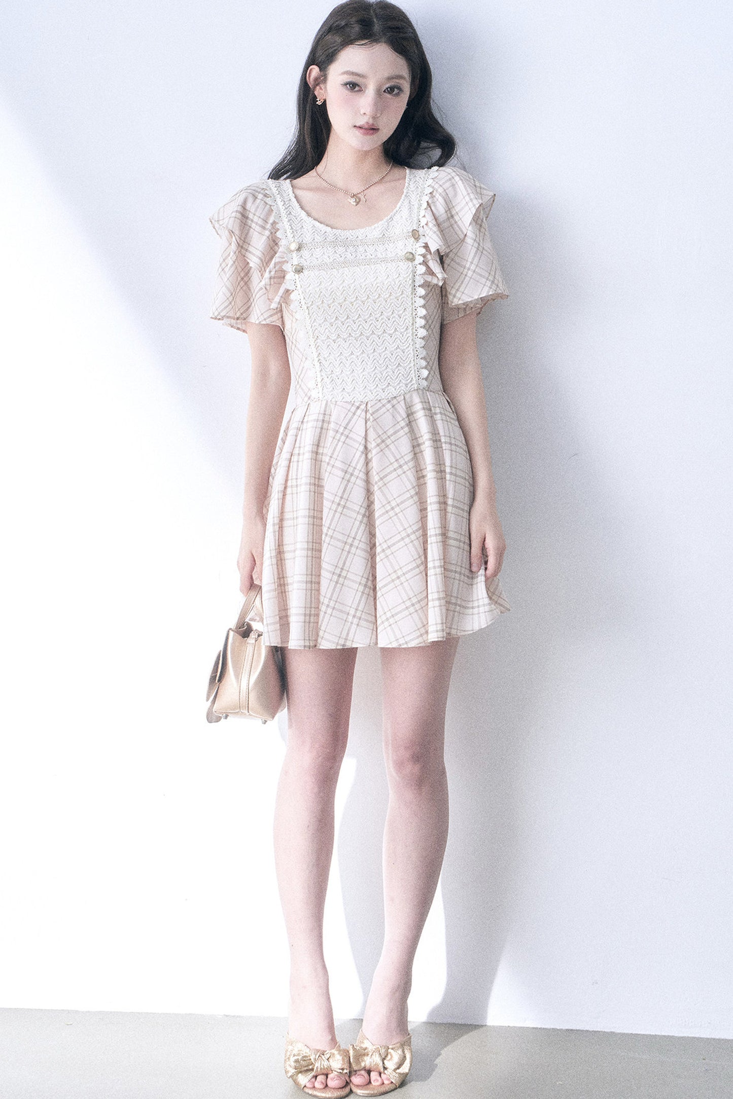 Knitted Patchwork Plaid Flutter-Sleeve Dress