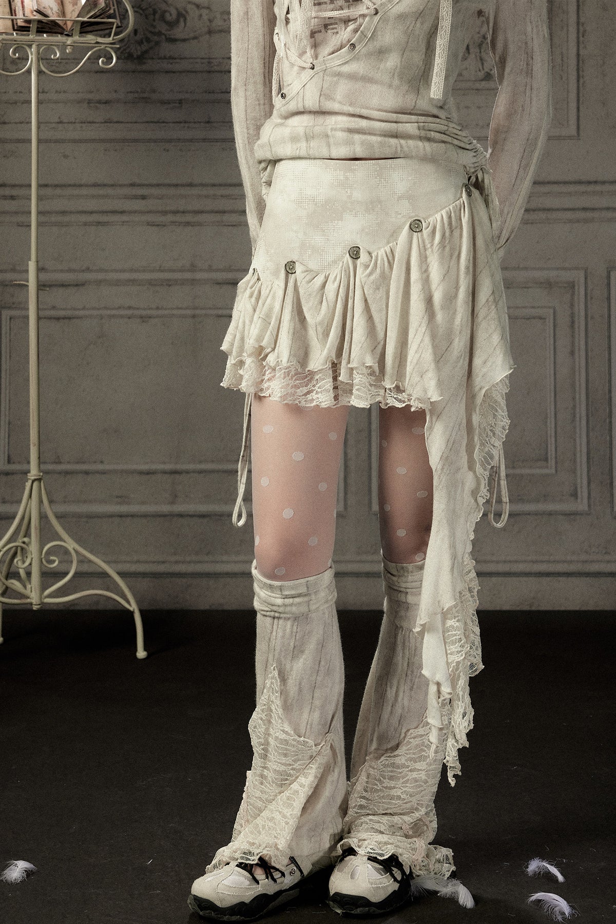 Asymmetrical Button Lace Train Skirt