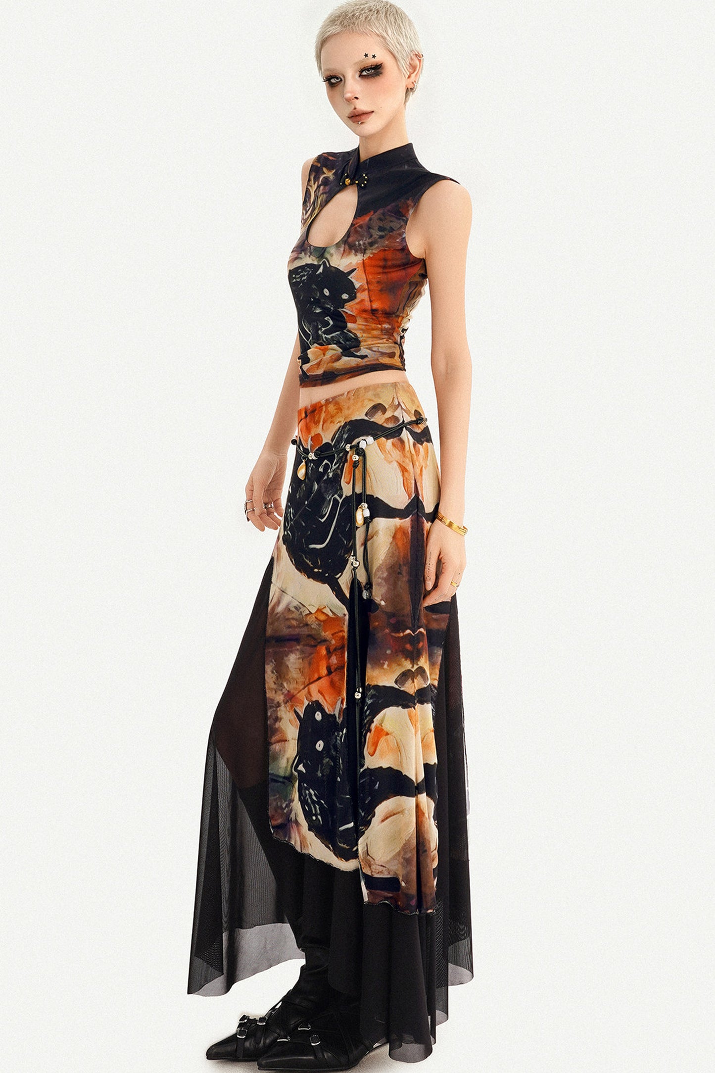 Oriental Ink Painting Print Double-Layer Mesh Tank Top Set-Up