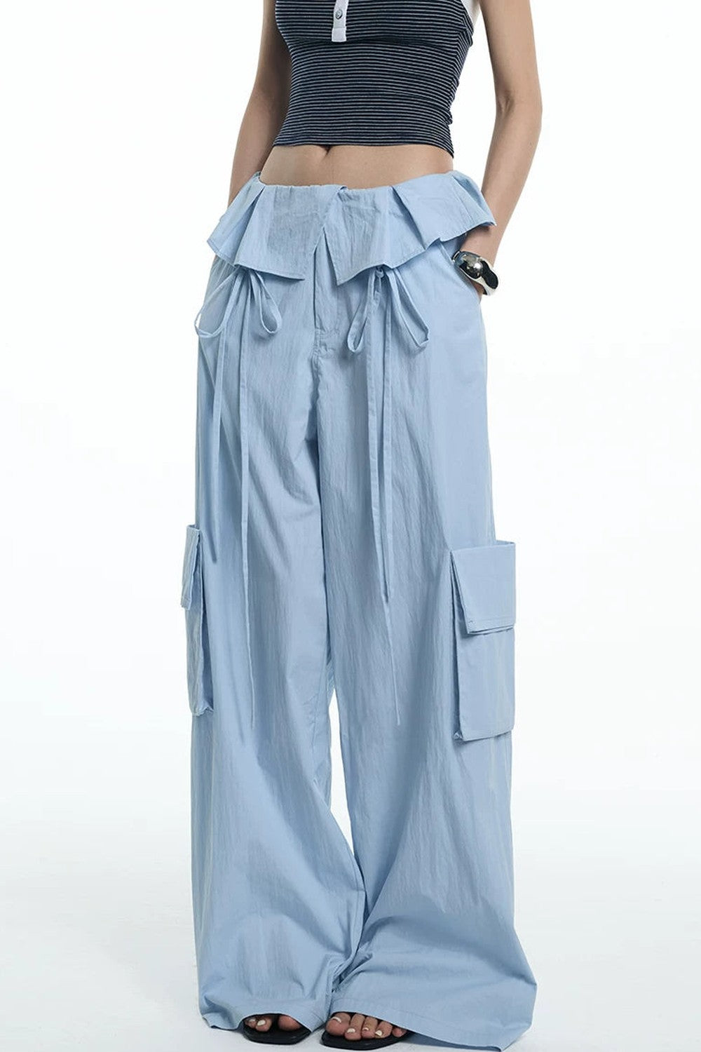 Ruffled Glacier Blue Wide-Leg Pants