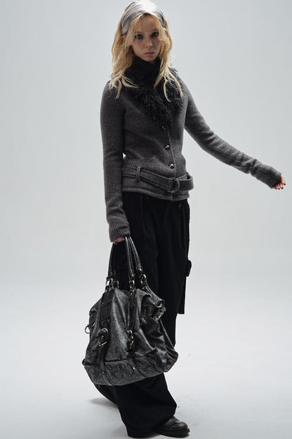Fur Collar V-Neck Textured Knit Cardigan