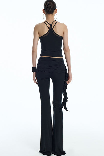 Black Knit Ruffle Tank and Flared Pants Set-Up