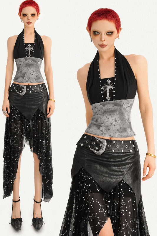 Distressed Halter Cross Stud Crop Top