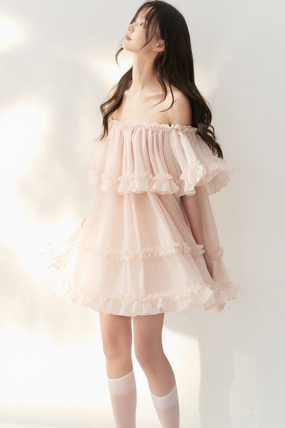 One-Shoulder Smoky Pink Tulle Lace Dress