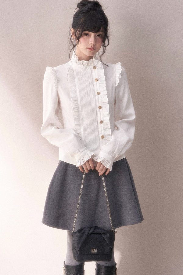 Pleated Lace Ruffle Asymmetrical Long-Sleeved Shirt