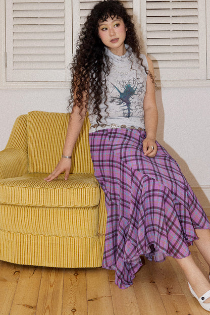 Asymmetrical Color-Block Plaid Chiffon Skirt