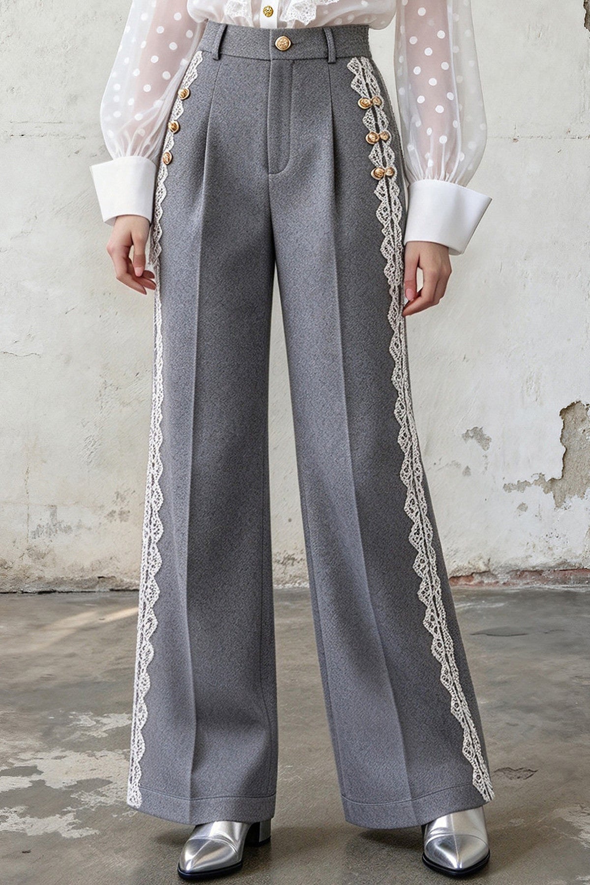 Gray Woven Wide-Leg Pants