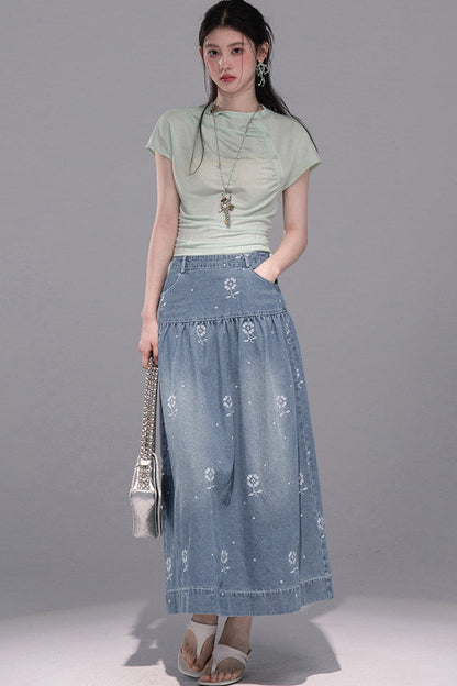 Gentle Denim Cropped Top and Skirt Set