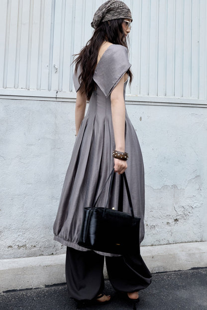 Glossy Balloon Scarf Collar Dress