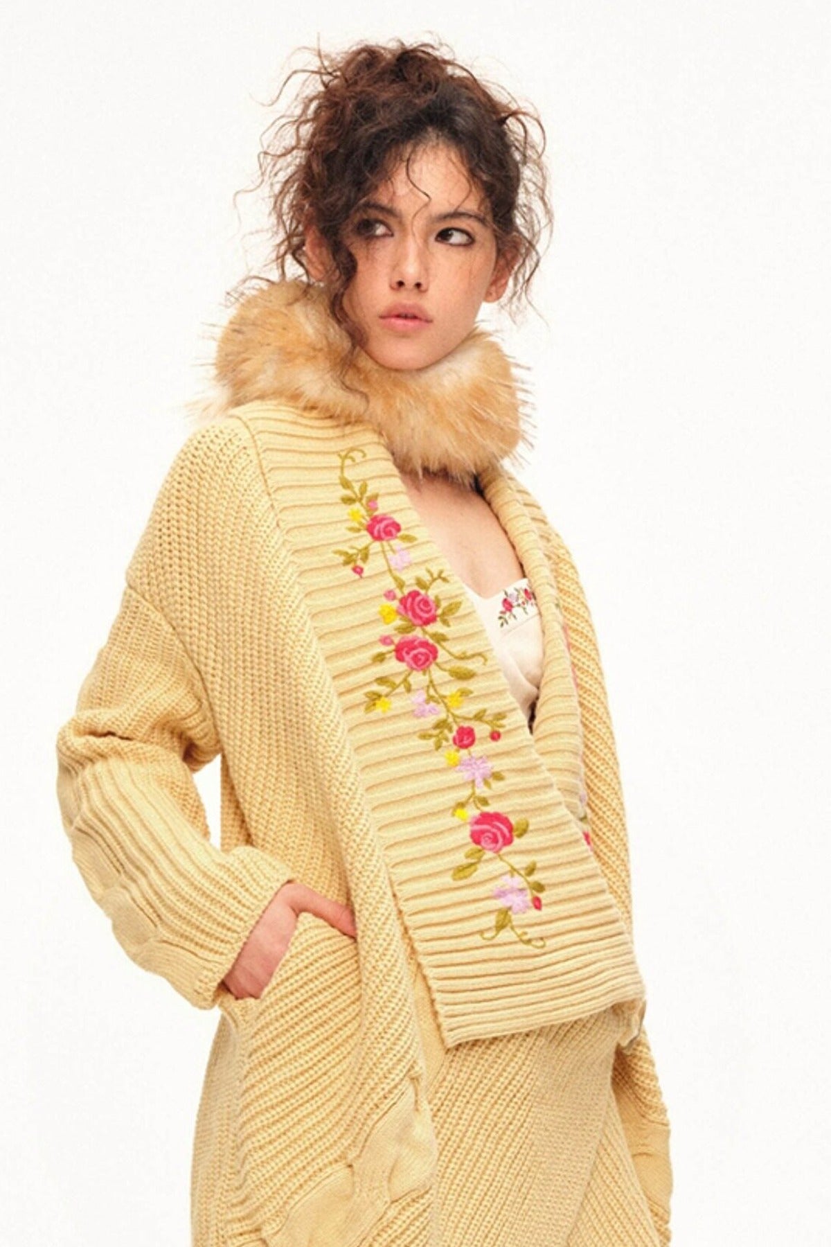 Floral Embroidered Toggle Button Knit Jacket